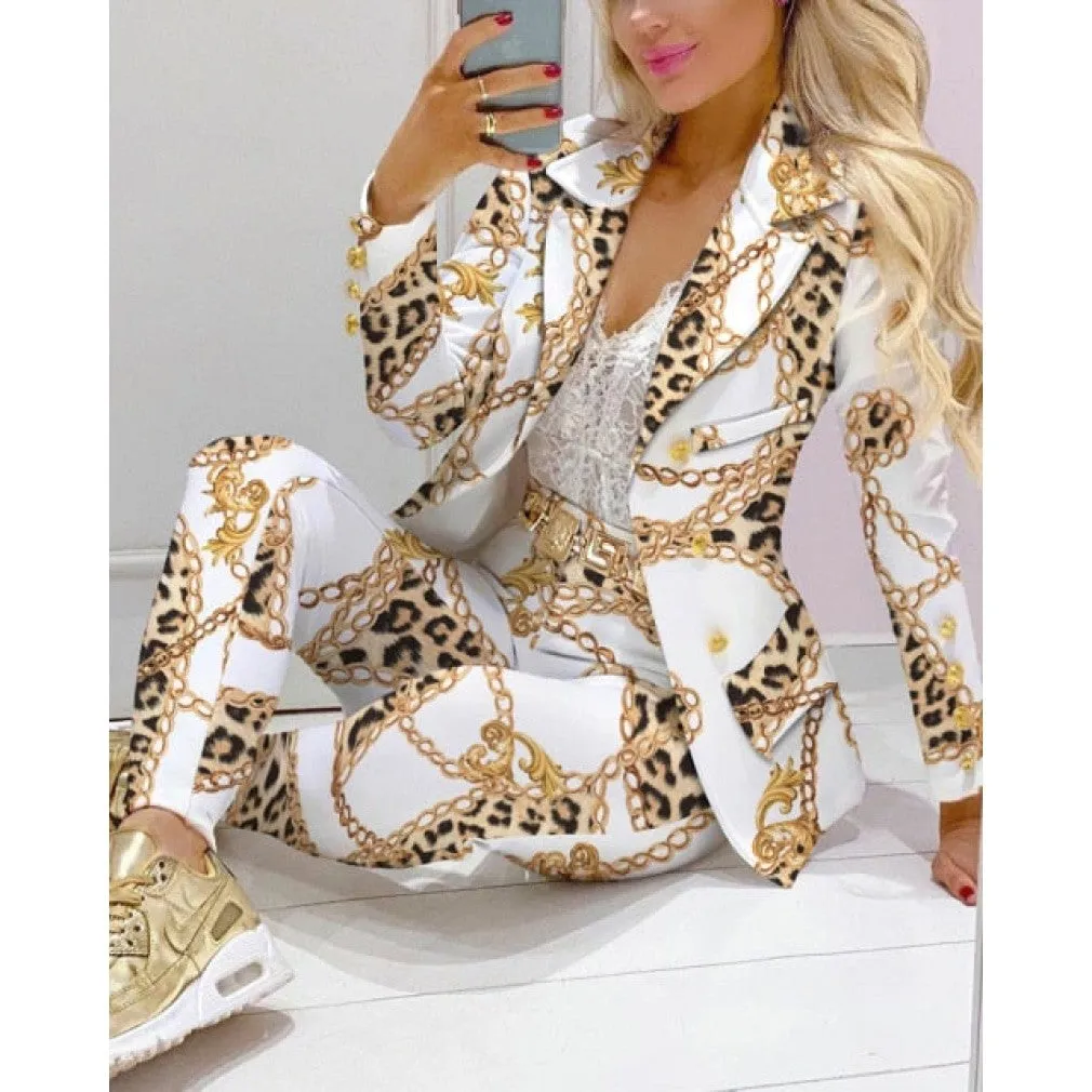 ContiNent 33 Femme Formal Jacket Trousers Office Lady Outfits Autumn Women two Pieces set Chain Print Blazer Coat Pants Suit Sets
