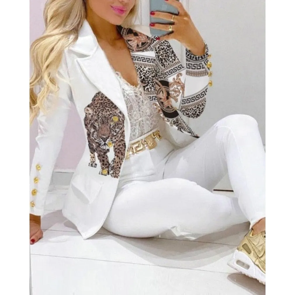 ContiNent 33 Femme Formal Jacket Trousers Office Lady Outfits Autumn Women two Pieces set Chain Print Blazer Coat Pants Suit Sets