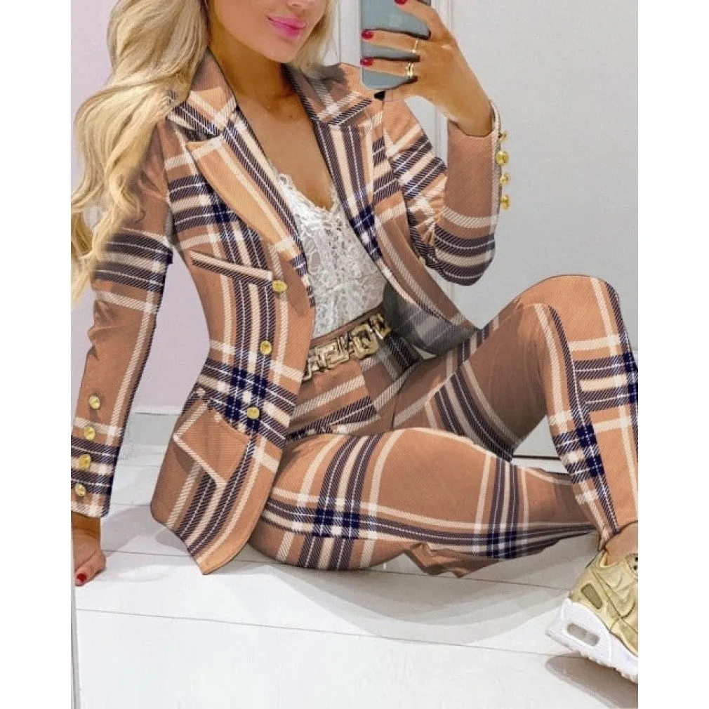 ContiNent 33 Femme Formal Jacket Trousers Office Lady Outfits Autumn Women two Pieces set Chain Print Blazer Coat Pants Suit Sets