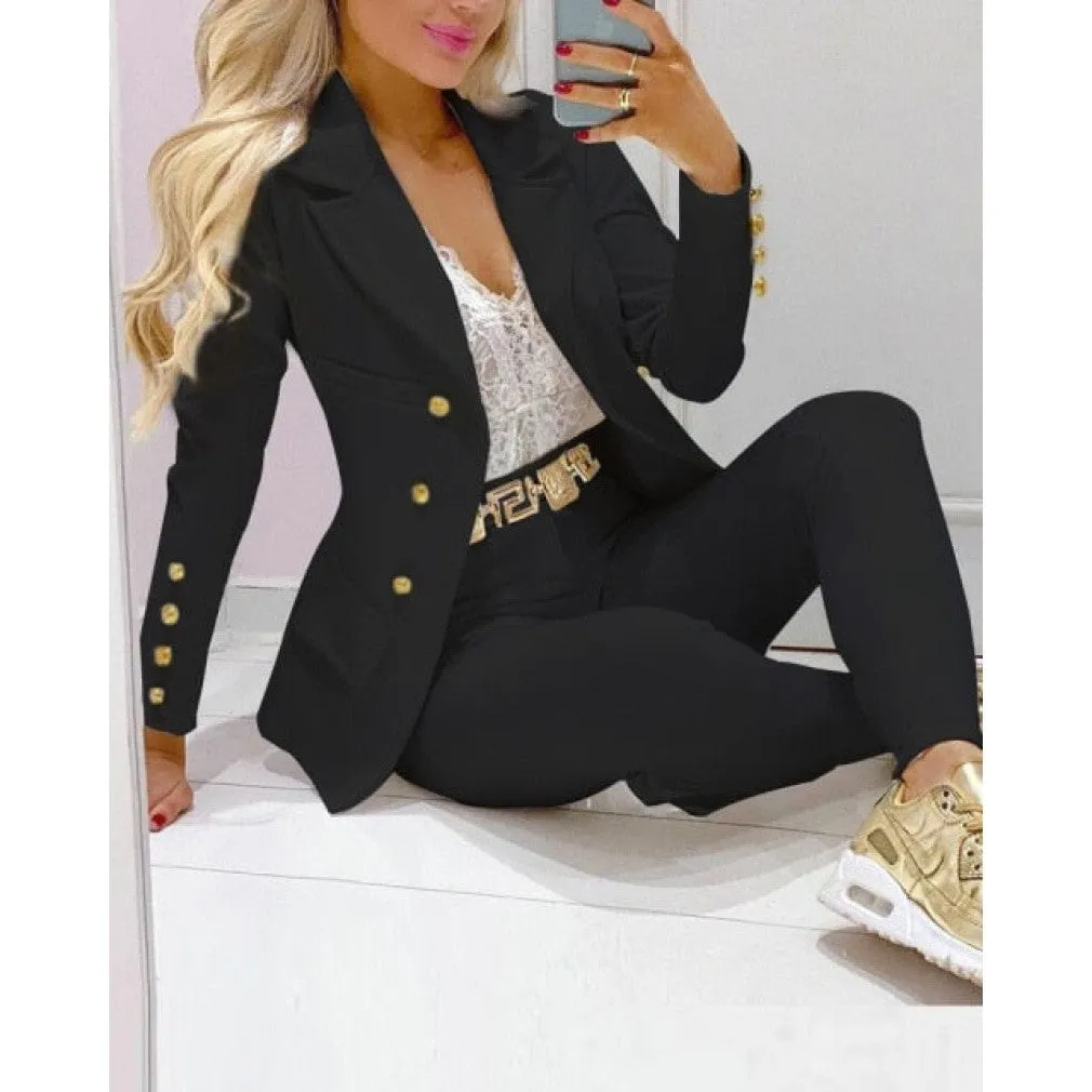 ContiNent 33 Femme Formal Jacket Trousers Office Lady Outfits Autumn Women two Pieces set Chain Print Blazer Coat Pants Suit Sets