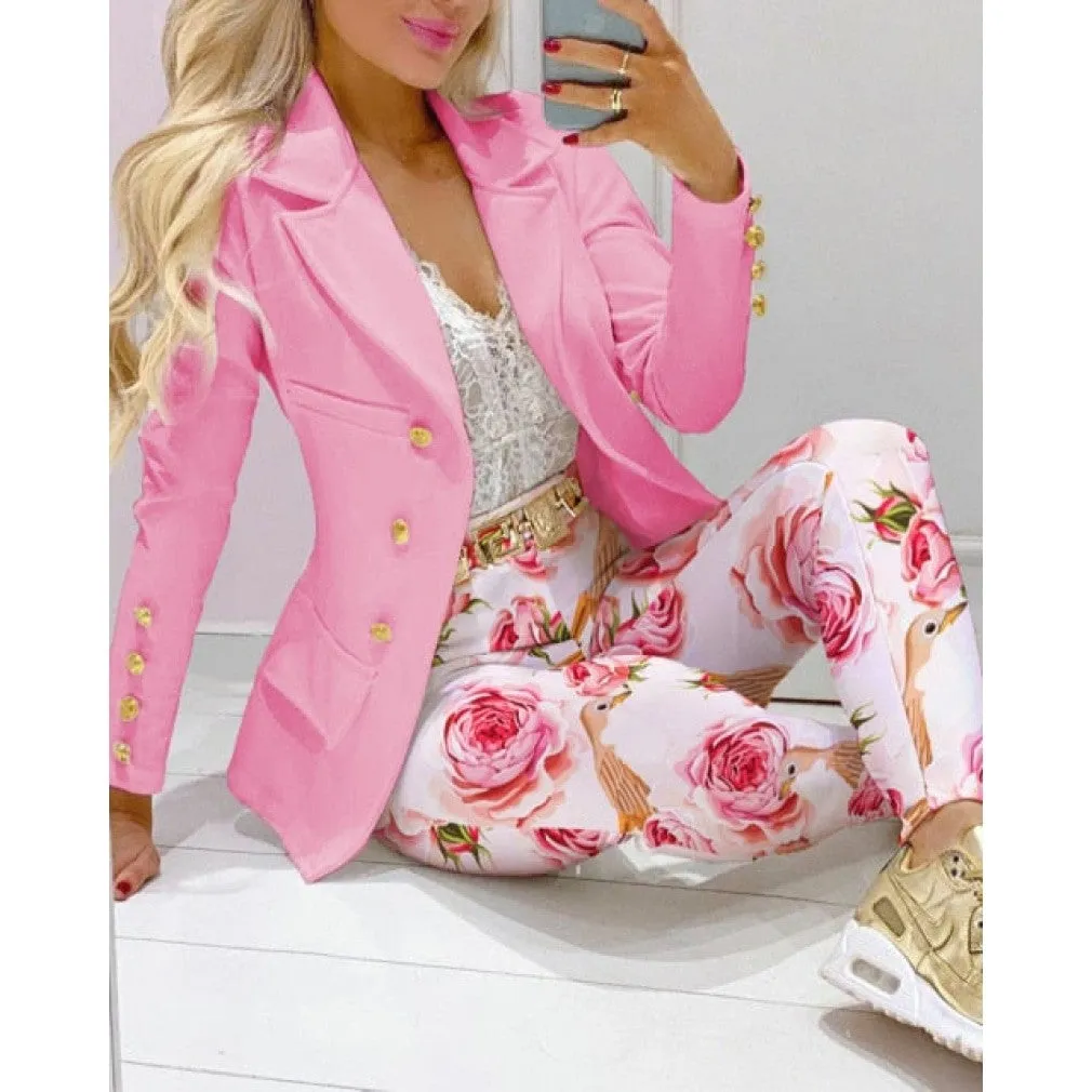 ContiNent 33 Femme Formal Jacket Trousers Office Lady Outfits Autumn Women two Pieces set Chain Print Blazer Coat Pants Suit Sets