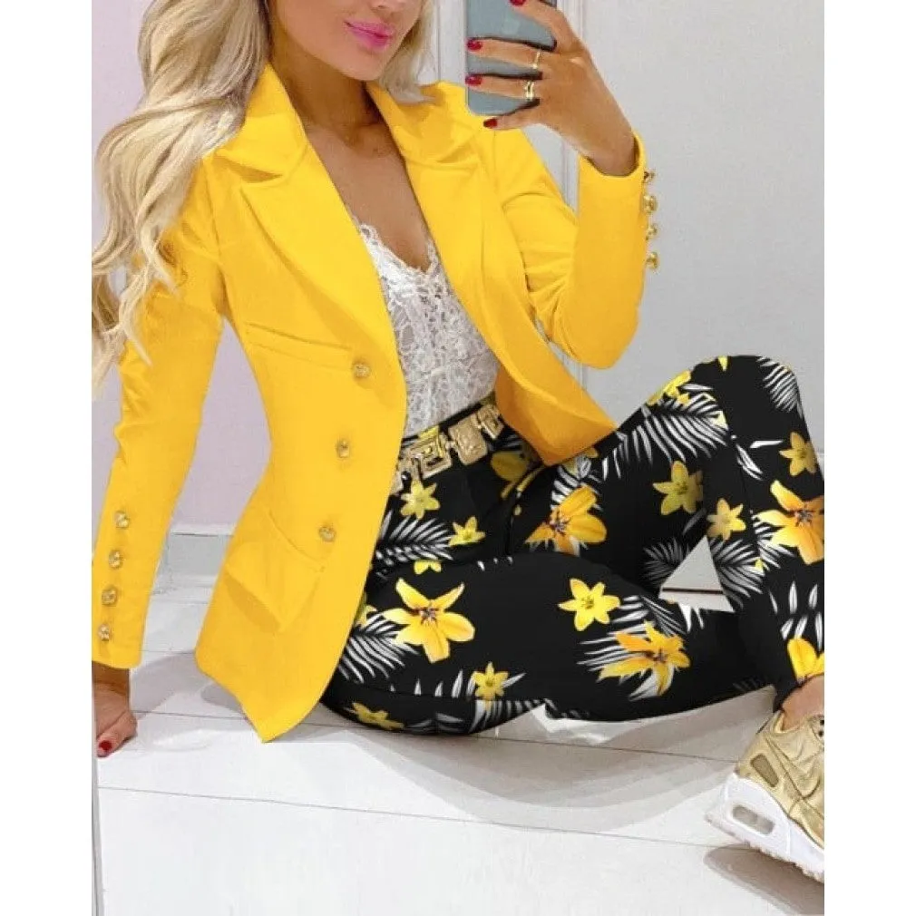 ContiNent 33 Femme Formal Jacket Trousers Office Lady Outfits Autumn Women two Pieces set Chain Print Blazer Coat Pants Suit Sets