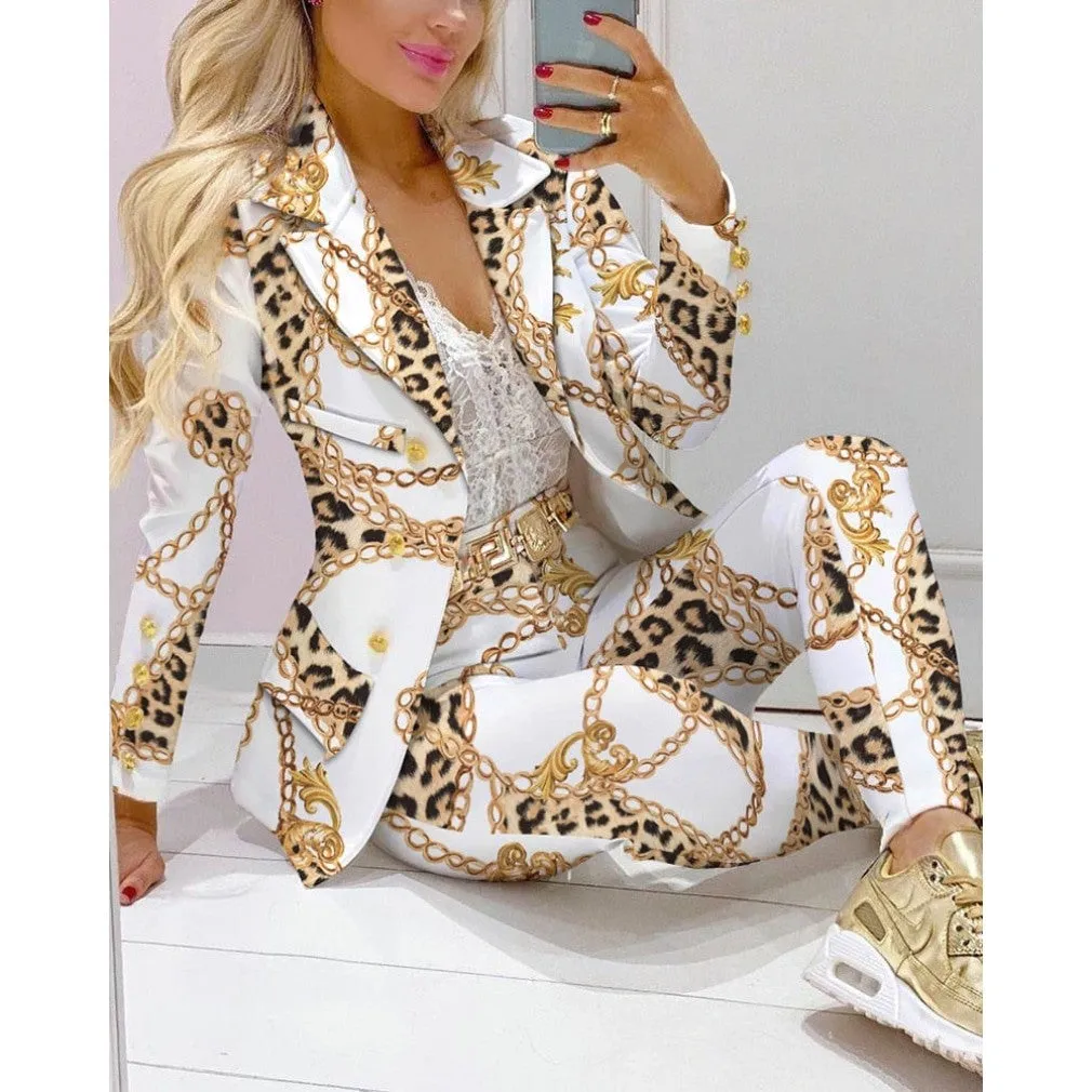 ContiNent 33 Femme Formal Jacket Trousers Office Lady Outfits Autumn Women two Pieces set Chain Print Blazer Coat Pants Suit Sets