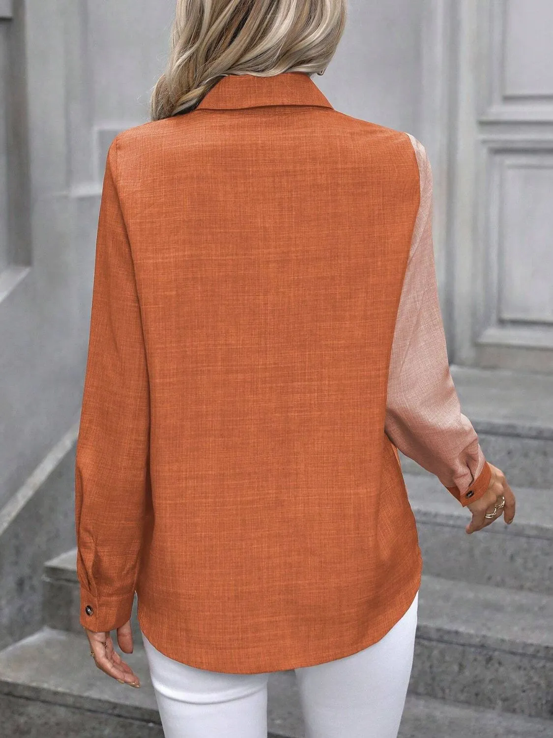 Contrast Collared Neck Long Sleeve Button Up Top (3 Colors)