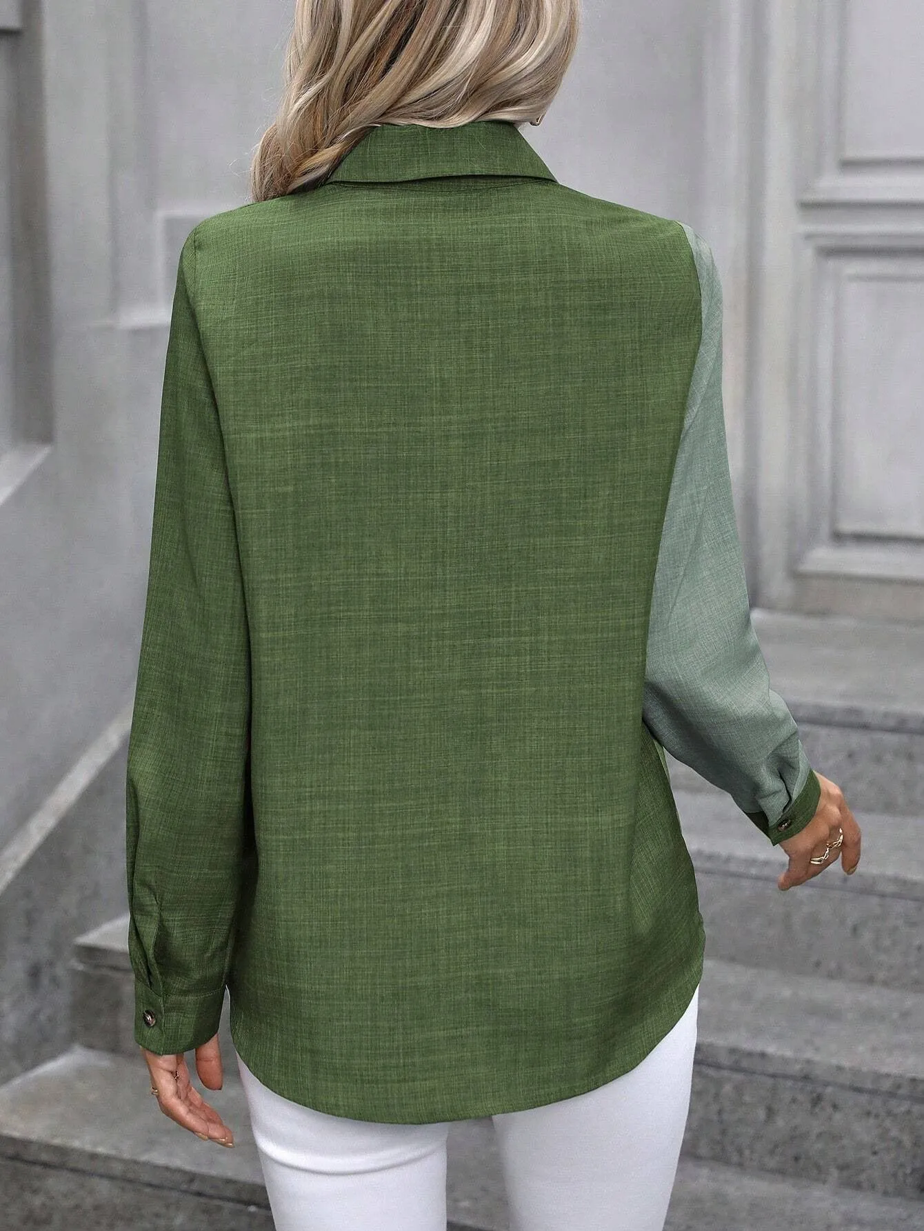 Contrast Collared Neck Long Sleeve Button Up Top (3 Colors)