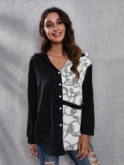 Contrast Color Button Up Long Sleeve Shirt