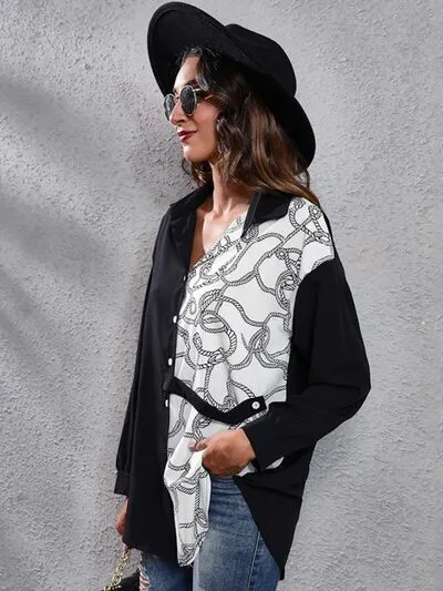 Contrast Color Button Up Long Sleeve Shirt