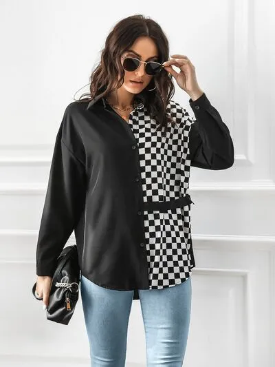 Contrast Color Button Up Long Sleeve Shirt