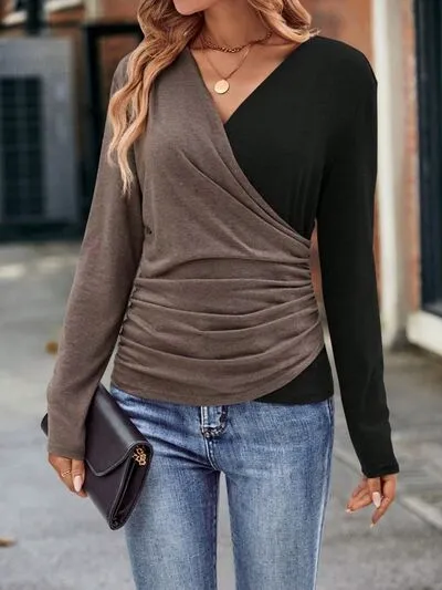 Contrast Color Surplice Ruched Long Sleeve Blouse