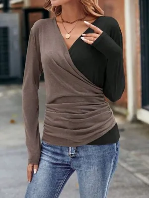 Contrast Color Surplice Ruched Long Sleeve Blouse