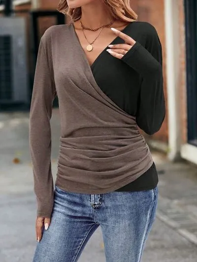 Contrast Color Surplice Ruched Long Sleeve Blouse