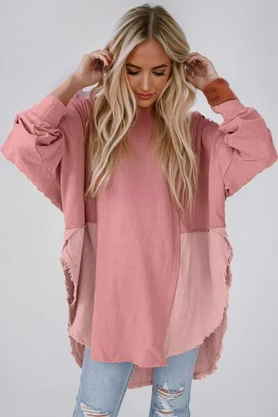 Contrast Color Texture Round Neck Long Sleeve Blouse (6 Colors)