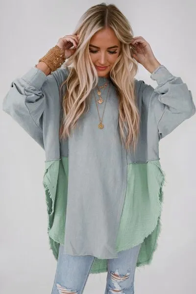 Contrast Color Texture Round Neck Long Sleeve Blouse (6 Colors)