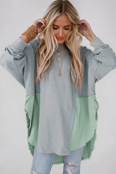 Contrast Color Texture Round Neck Long Sleeve Blouse (6 Colors)