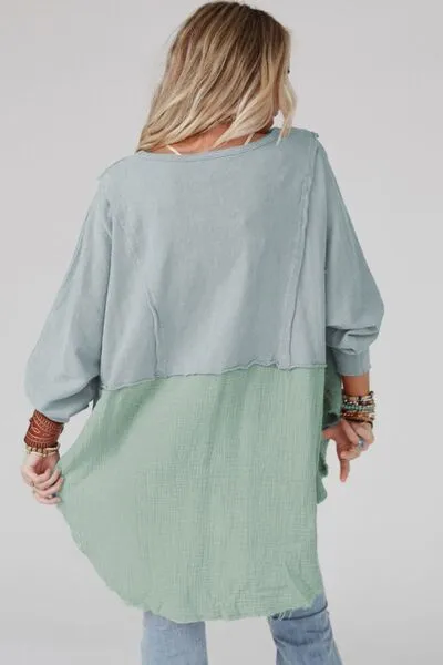 Contrast Color Texture Round Neck Long Sleeve Blouse (6 Colors)