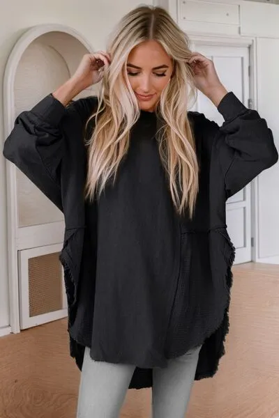 Contrast Color Texture Round Neck Long Sleeve Blouse (6 Colors)