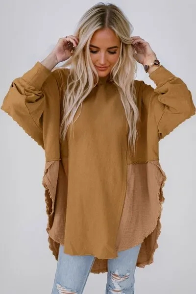 Contrast Color Texture Round Neck Long Sleeve Blouse (6 Colors)
