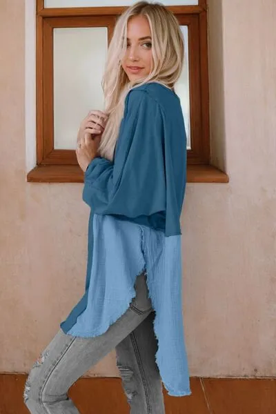 Contrast Color Texture Round Neck Long Sleeve Blouse (6 Colors)