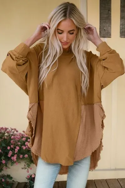 Contrast Color Texture Round Neck Long Sleeve Blouse (6 Colors)
