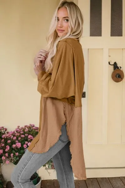 Contrast Color Texture Round Neck Long Sleeve Blouse (6 Colors)