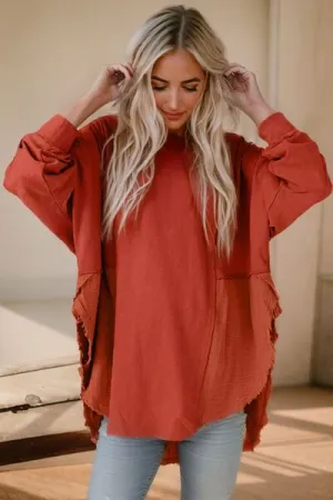 Contrast Color Texture Round Neck Long Sleeve Blouse (6 Colors)