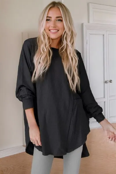 Contrast Color Texture Round Neck Long Sleeve Blouse (6 Colors)