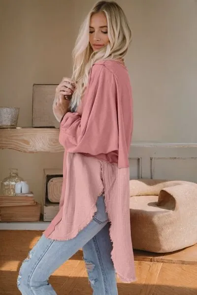 Contrast Color Texture Round Neck Long Sleeve Blouse (6 Colors)