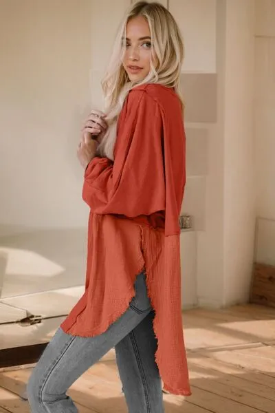 Contrast Color Texture Round Neck Long Sleeve Blouse (6 Colors)