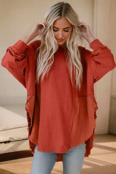 Contrast Color Texture Round Neck Long Sleeve Blouse (6 Colors)