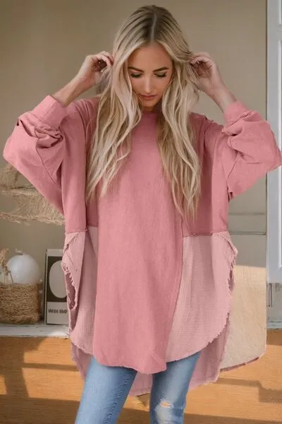 Contrast Color Texture Round Neck Long Sleeve Blouse (6 Colors)