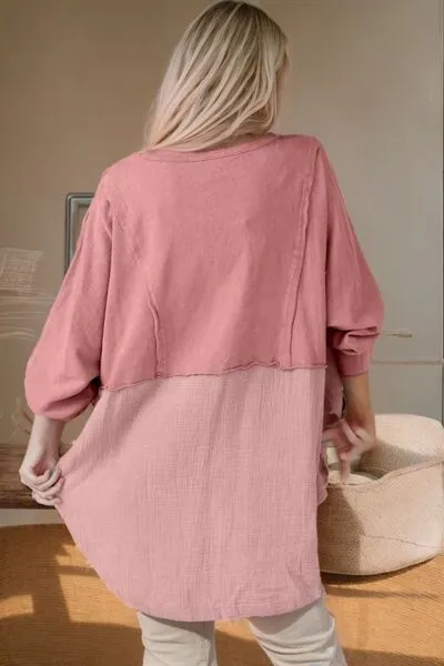Contrast Color Texture Round Neck Long Sleeve Blouse (6 Colors)