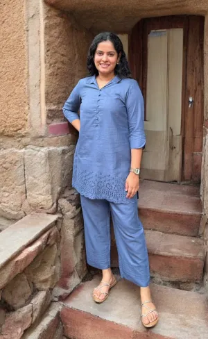 Coord Set Chikankari Cutwork Cotton In Grey Color