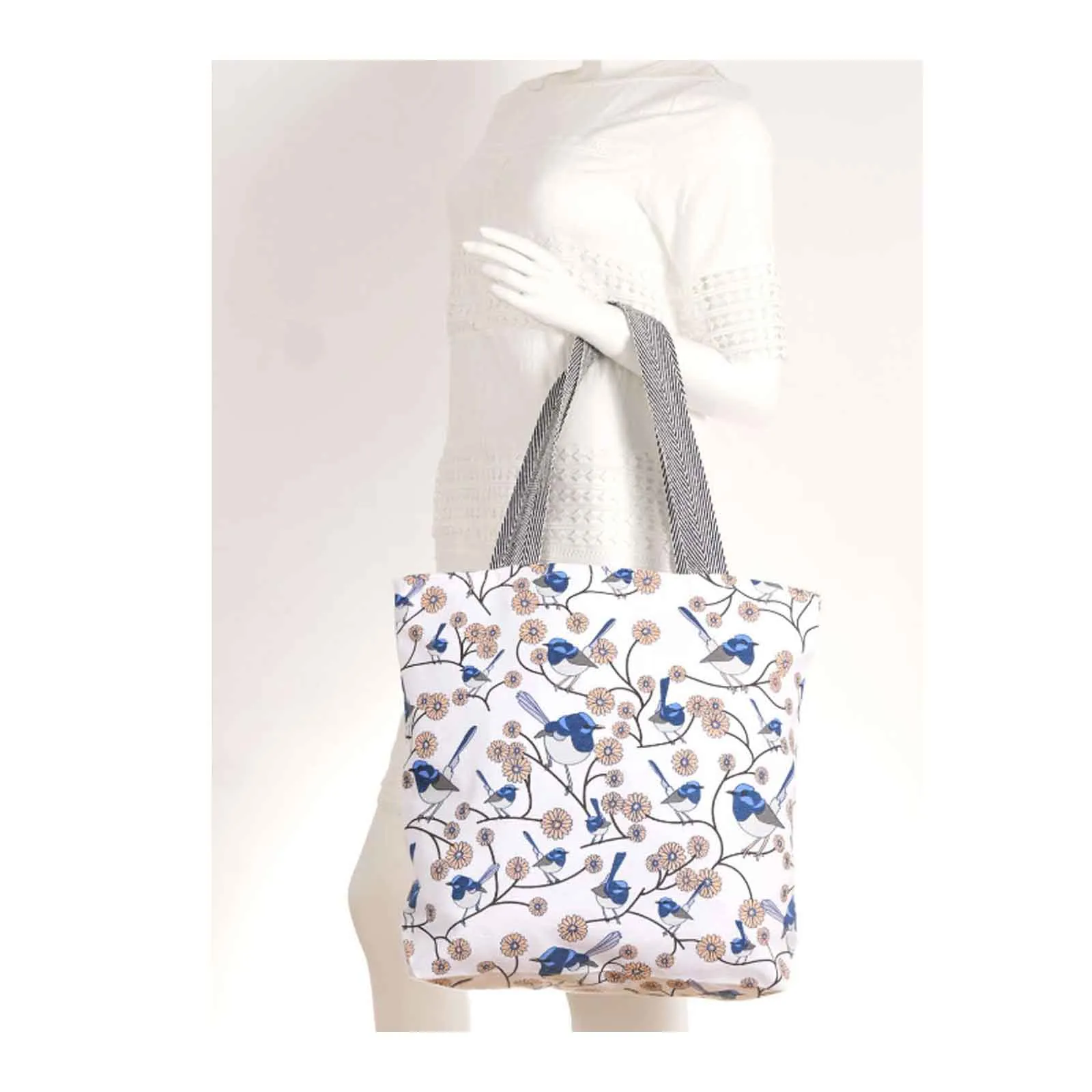 Cotton-Canvas Tote Bag Blue Wren Bliss 43x38cm