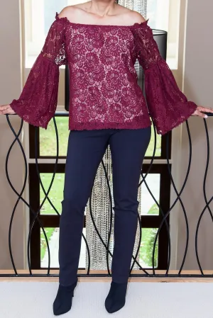 Cranberry Lace Open Shouldler Top