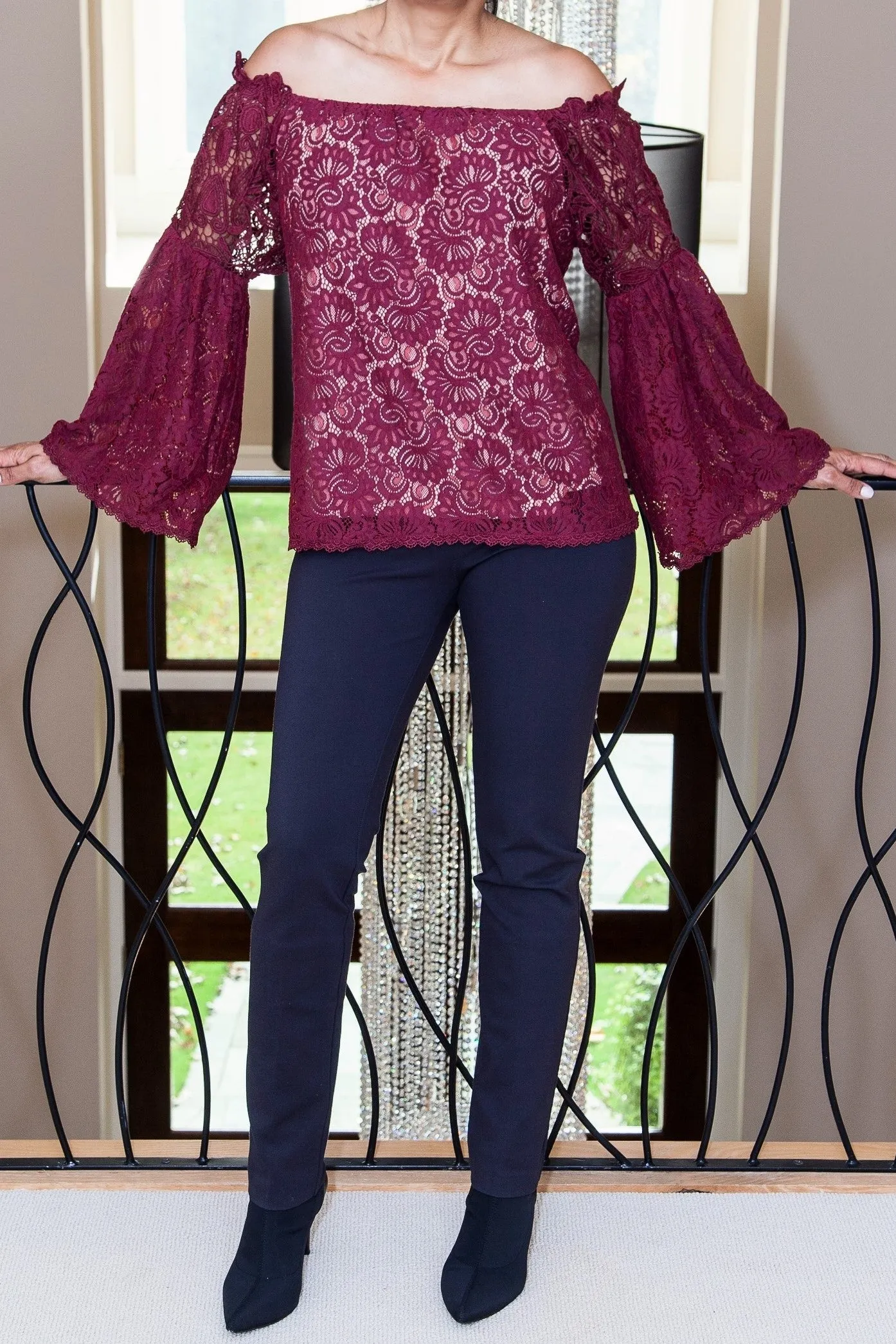 Cranberry Lace Open Shouldler Top