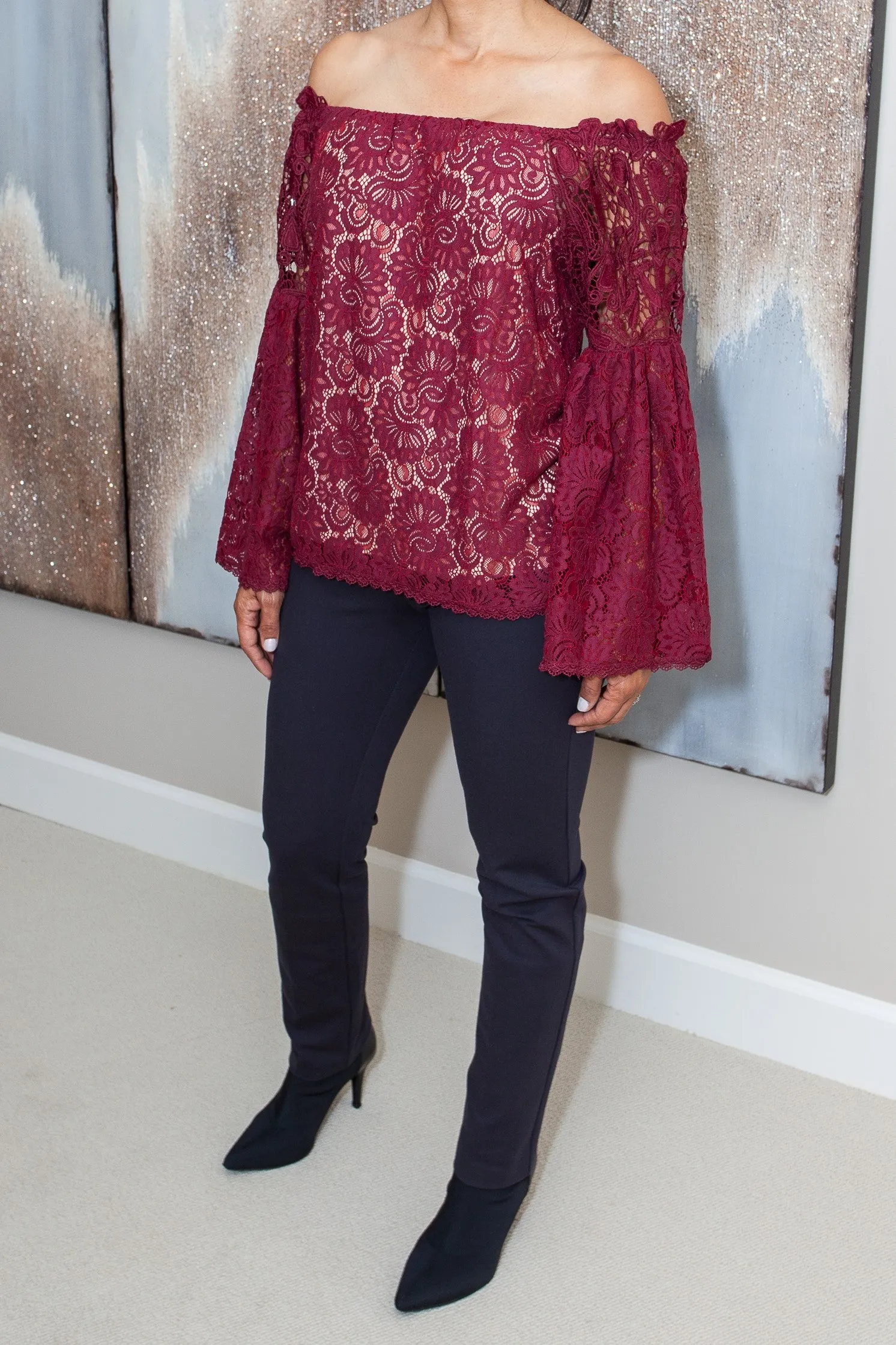 Cranberry Lace Open Shouldler Top