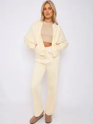 Cream Bomber Style Jacket & Wide Leg Bottoms Co-ord Loungewear Set