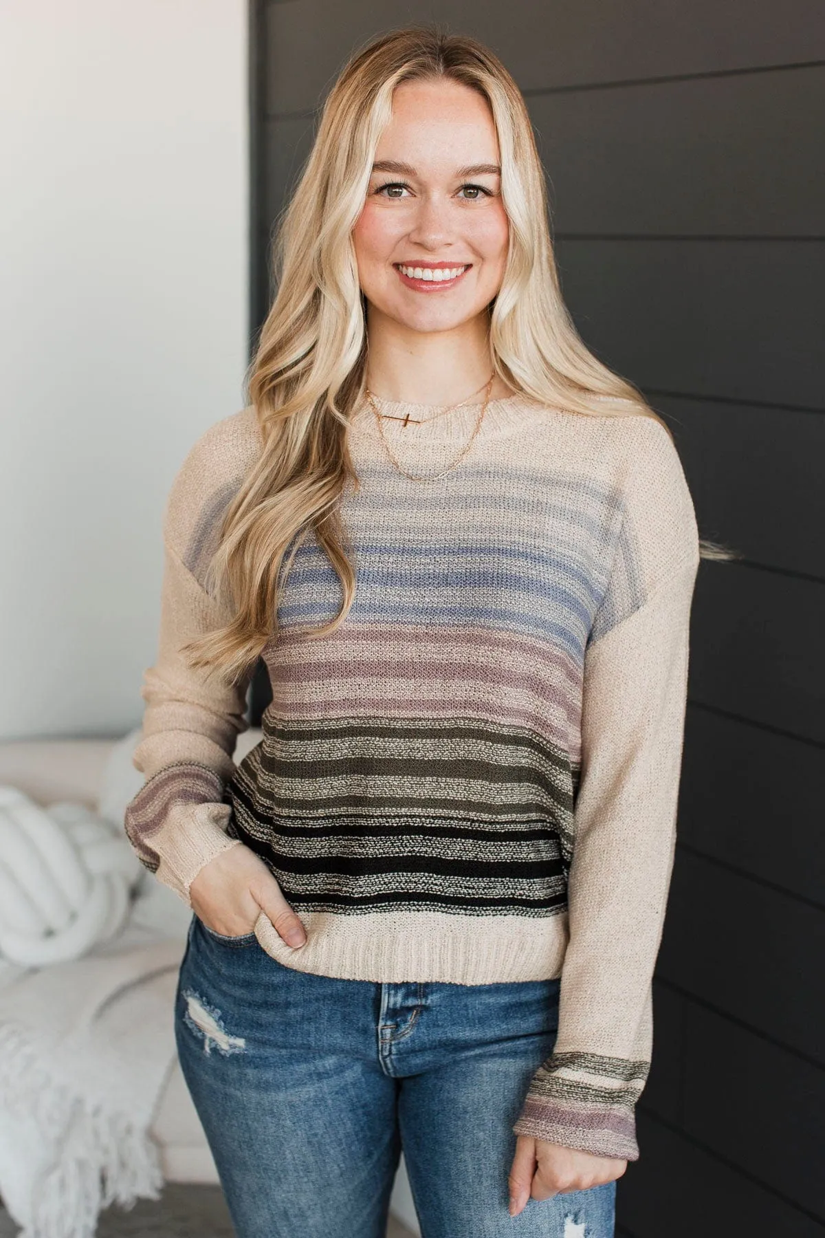 Creating Attachments Striped Knit Sweater- Almond