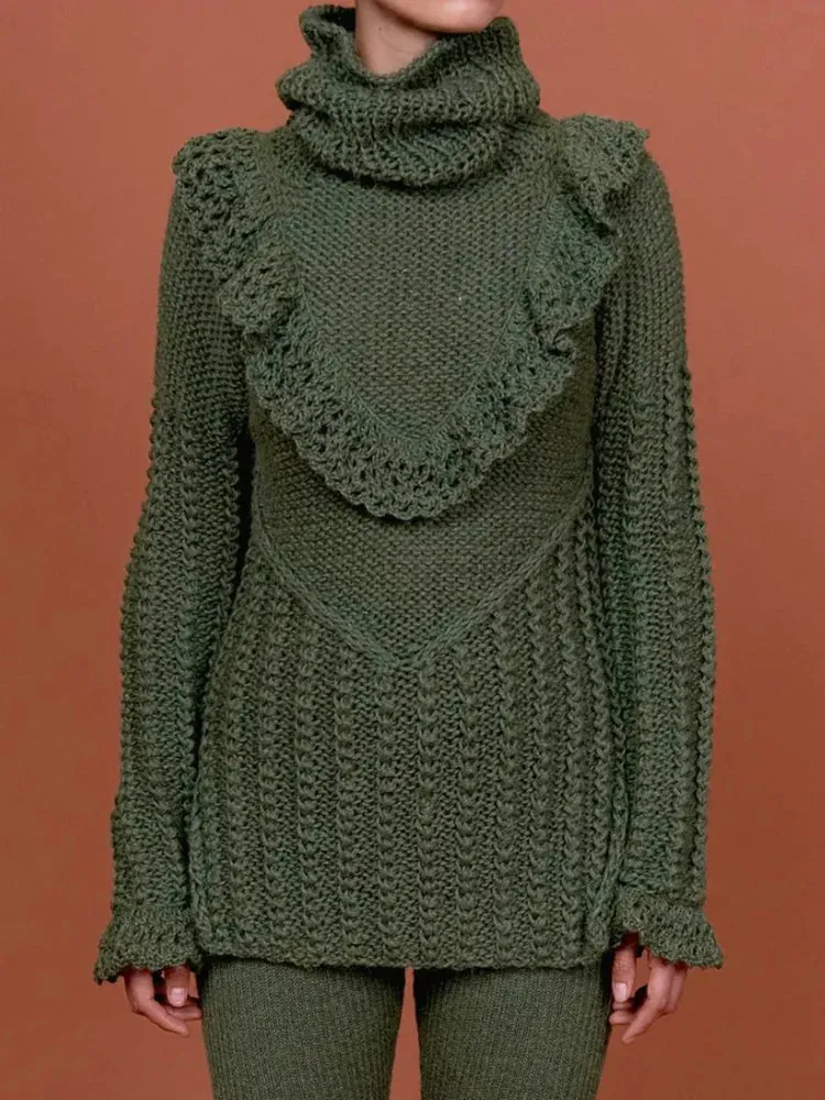 Crochet Long Sleeves Embroidered Falbala Flared Pants Two-Pieces Set