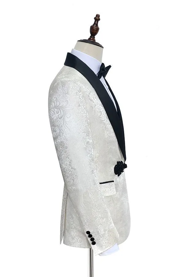 Custom design Knitted Button Black Shawl Lapel Three Piece White Jacquard Wedding Tuxedo for Men