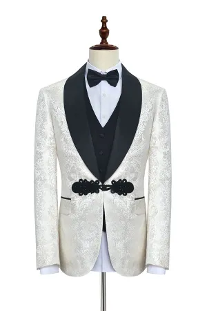 Custom design Knitted Button Black Shawl Lapel Three Piece White Jacquard Wedding Tuxedo for Men