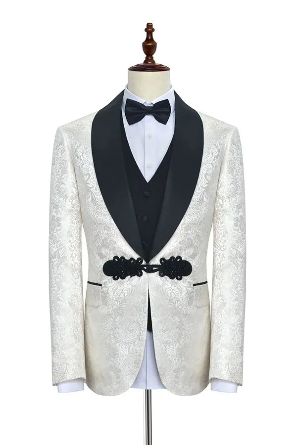 Custom design Knitted Button Black Shawl Lapel Three Piece White Jacquard Wedding Tuxedo for Men