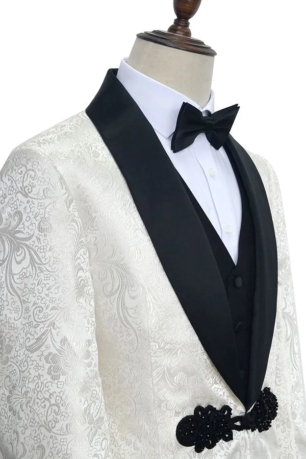 Custom design Knitted Button Black Shawl Lapel Three Piece White Jacquard Wedding Tuxedo for Men