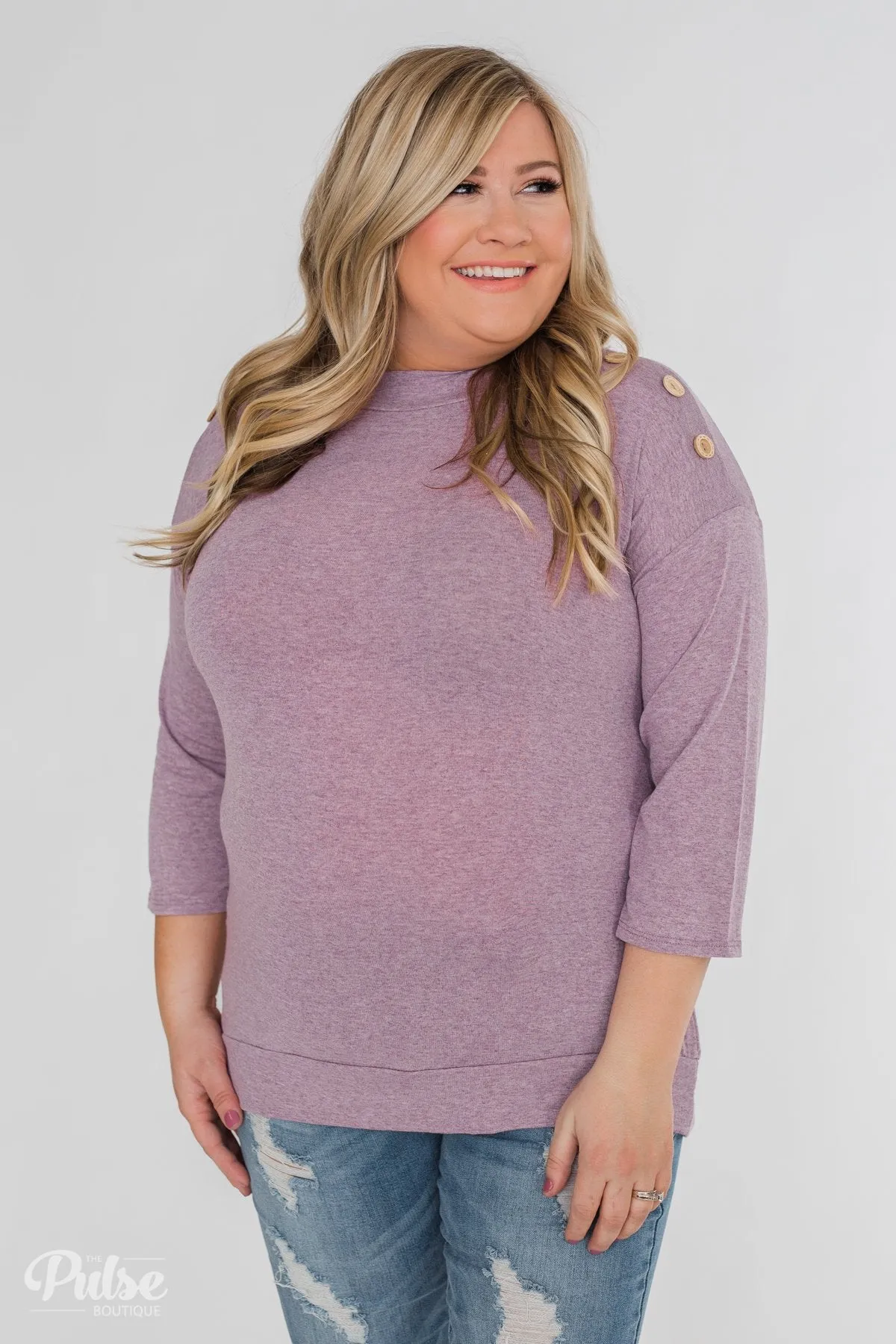Cute As A Button 3/4 Sleeve Top- Lavender