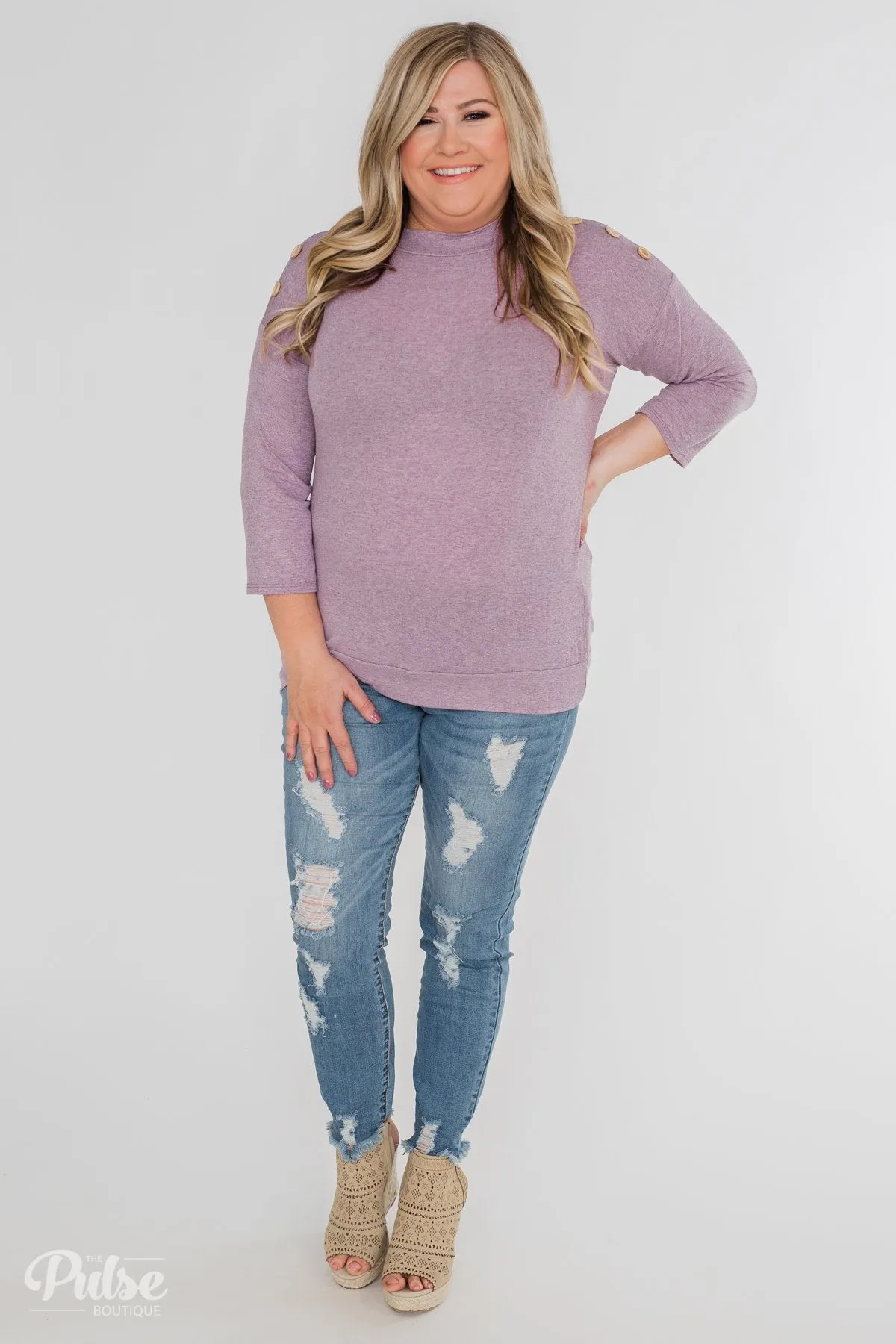 Cute As A Button 3/4 Sleeve Top- Lavender