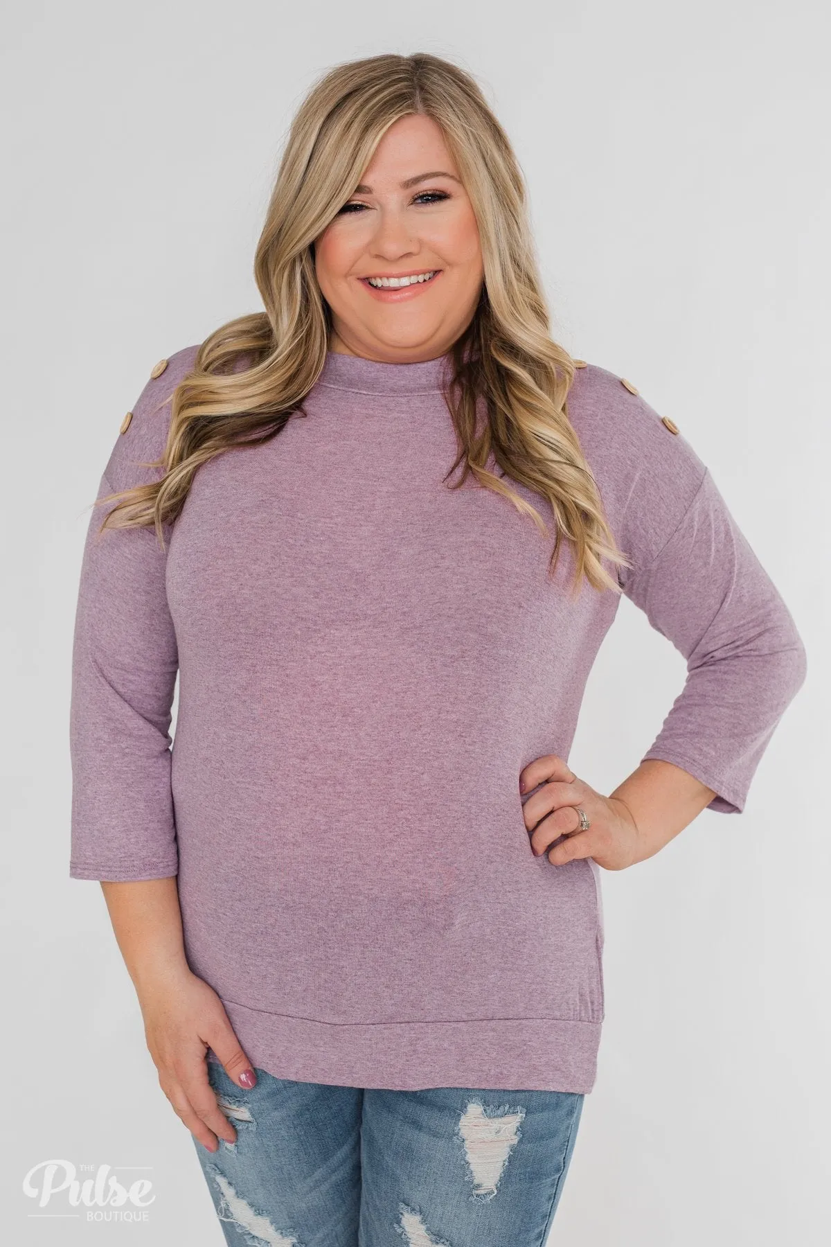 Cute As A Button 3/4 Sleeve Top- Lavender