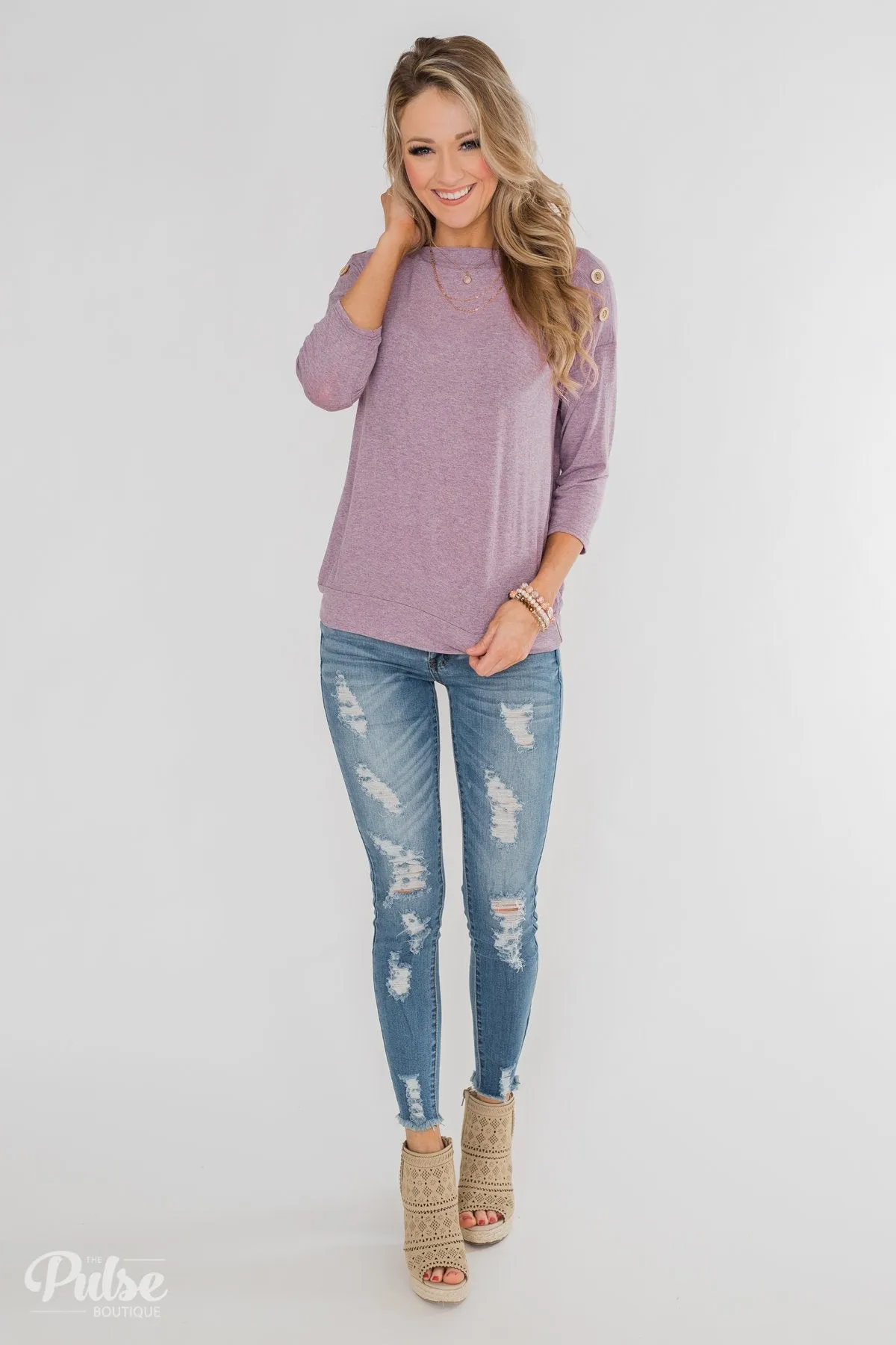 Cute As A Button 3/4 Sleeve Top- Lavender