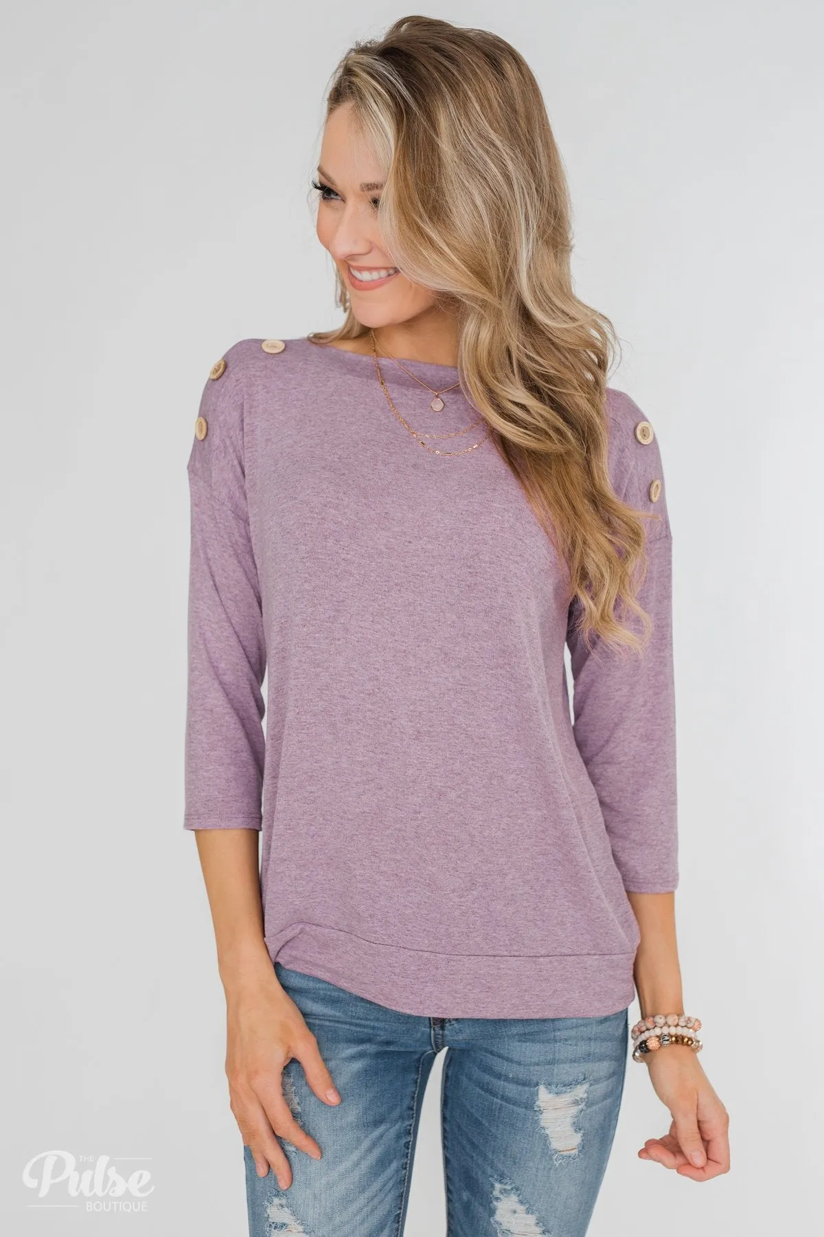 Cute As A Button 3/4 Sleeve Top- Lavender