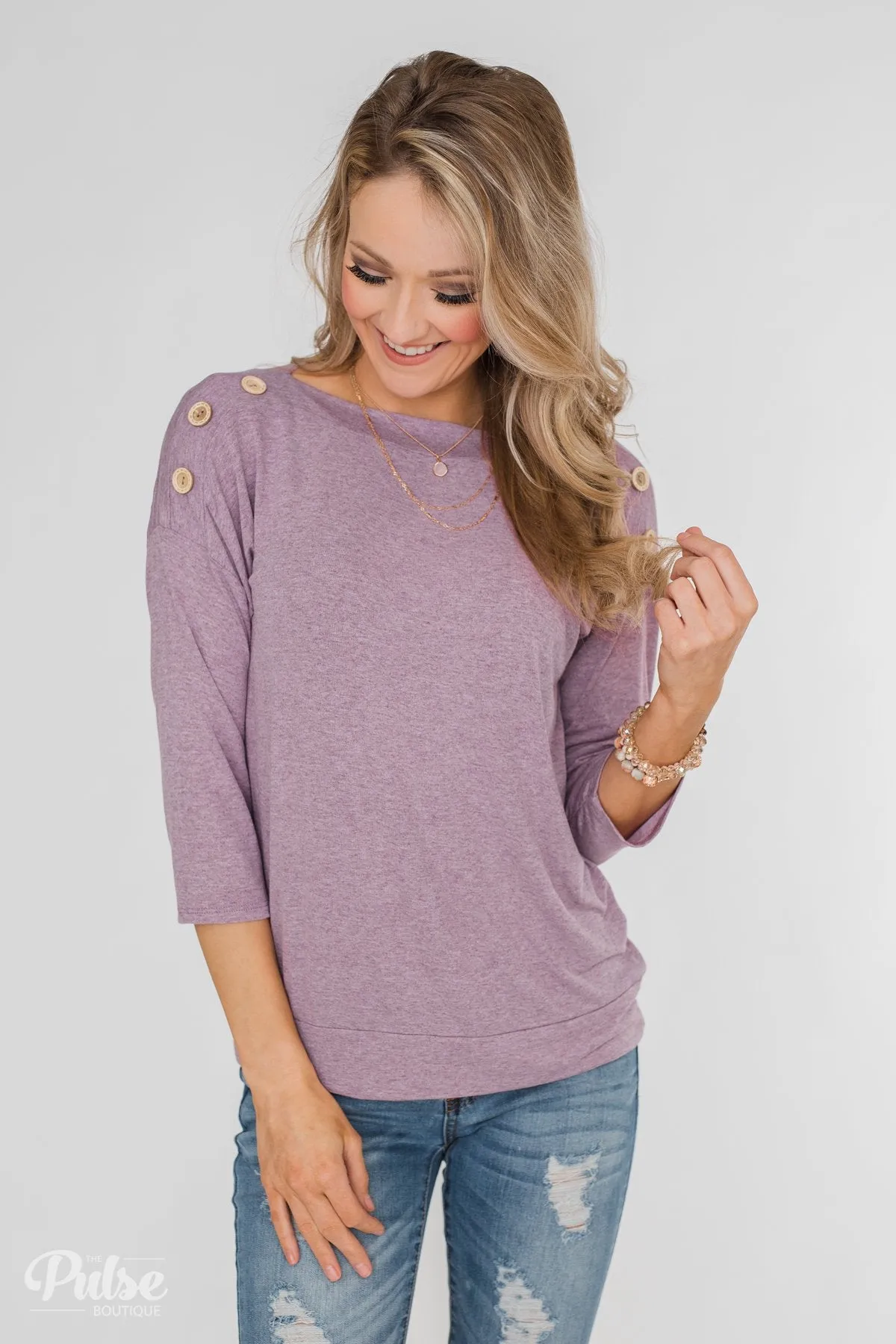Cute As A Button 3/4 Sleeve Top- Lavender