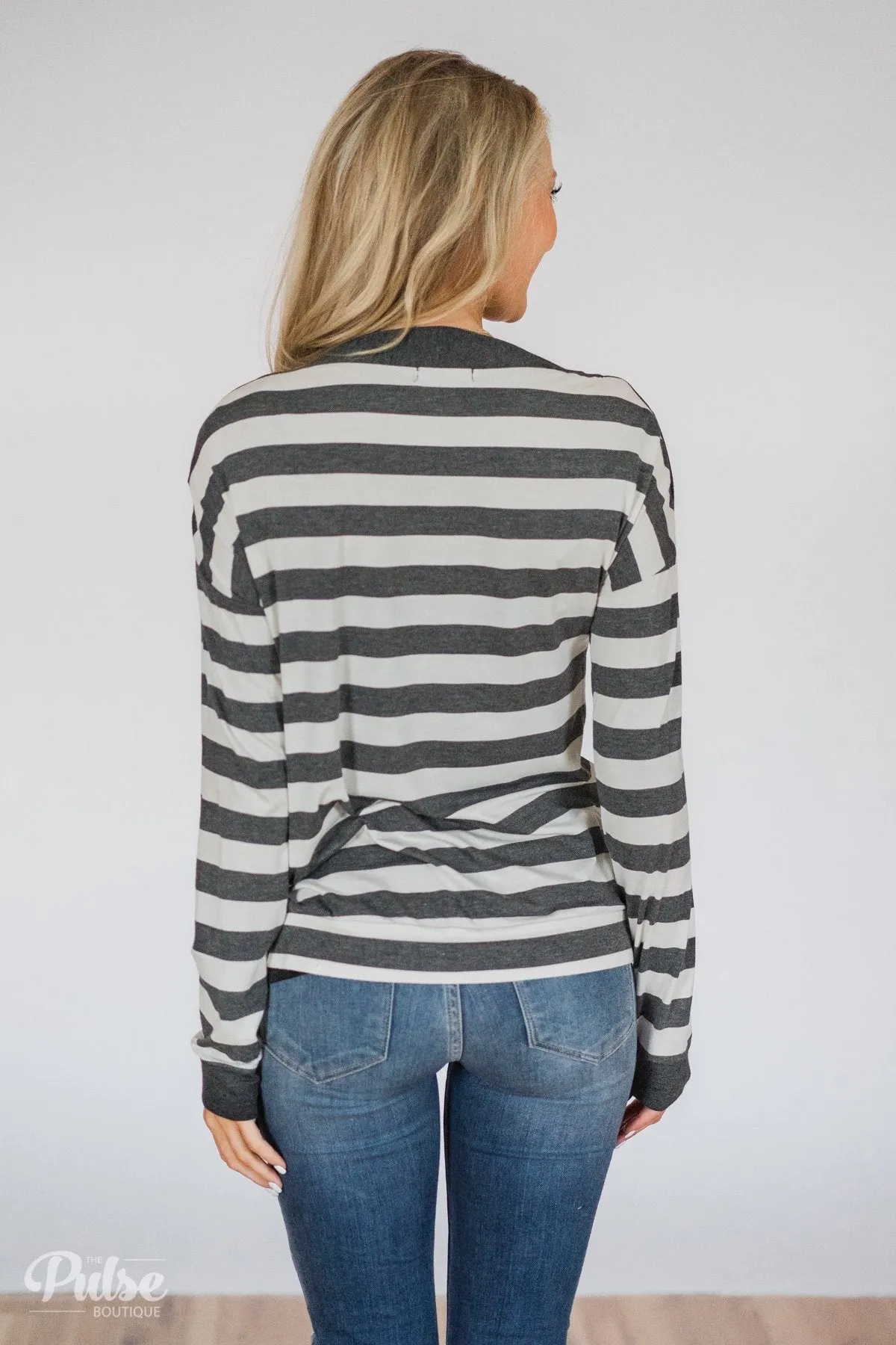 Cute As A Button Striped Top- Charcoal & Ivory